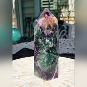 Gorgeous fluorite tower purple, teal, Greens, Pinks, rainbow 6.9",3.0lbs 6 Sides